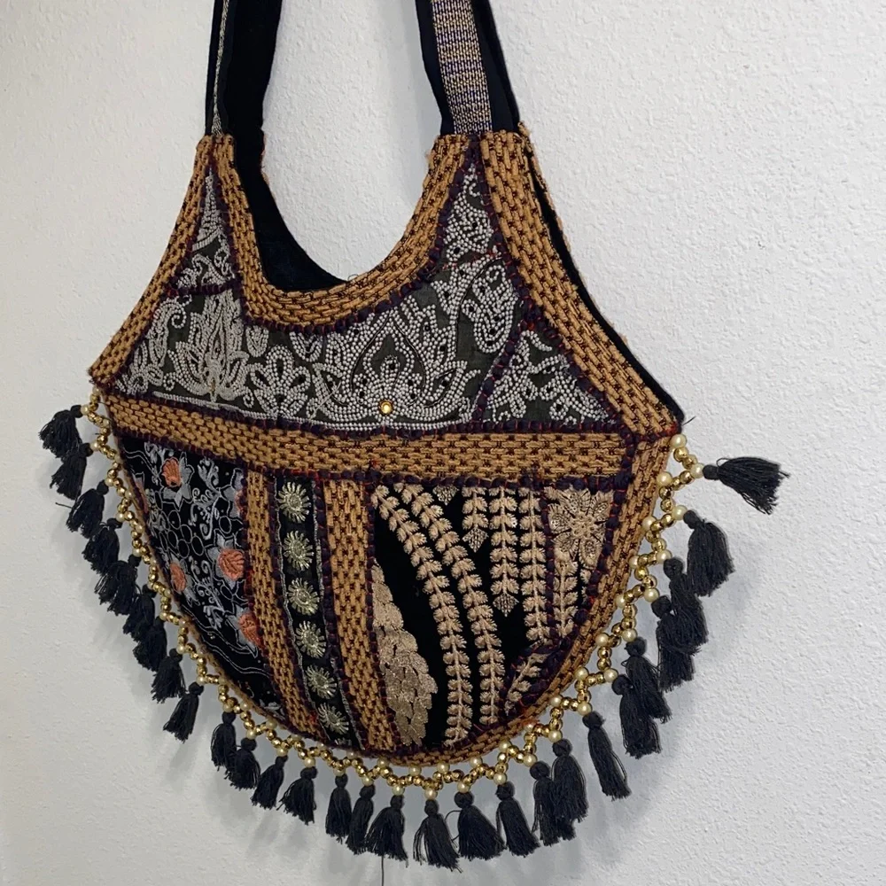 Bohemian Embroidered Black and Brown Tote Bag - Picture 5 of 5